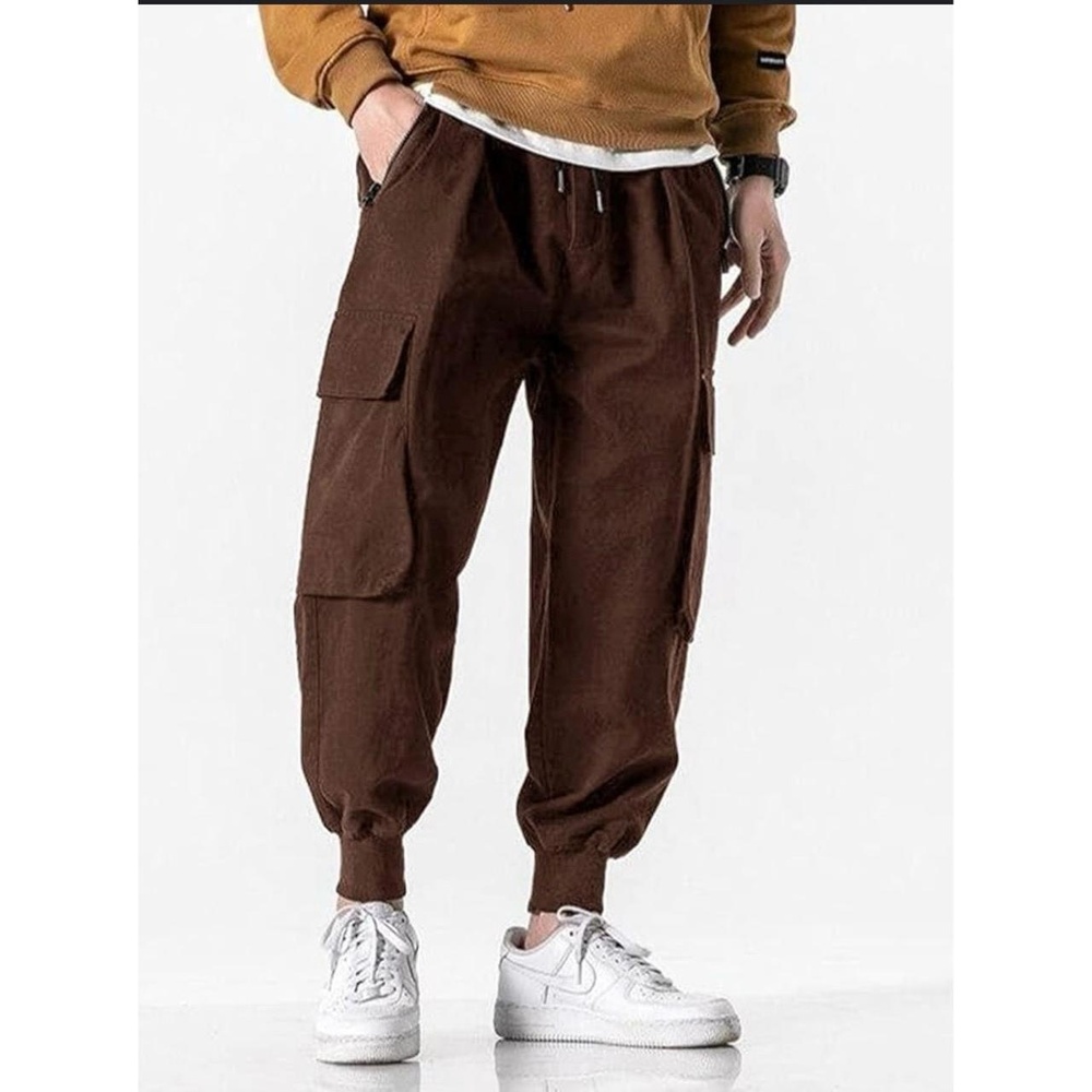 Cernucci Brown Drawstring Waist Zipper Bottoms Joggers Pants Large Cargo Pockets